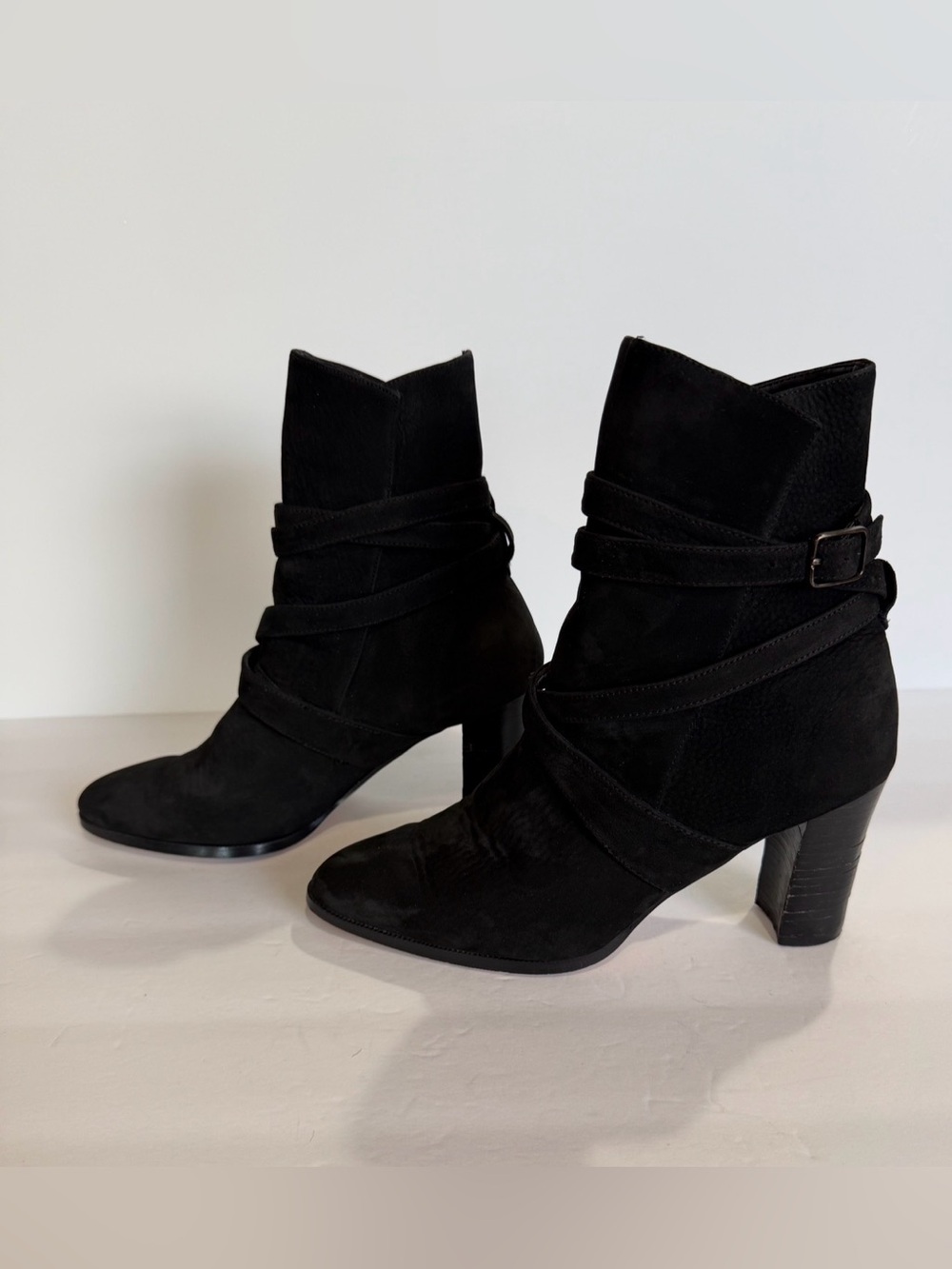 Colin Stuart Black Suede Wrap Buckle Pointed Toe Block Heel Ankle Boots Size 8